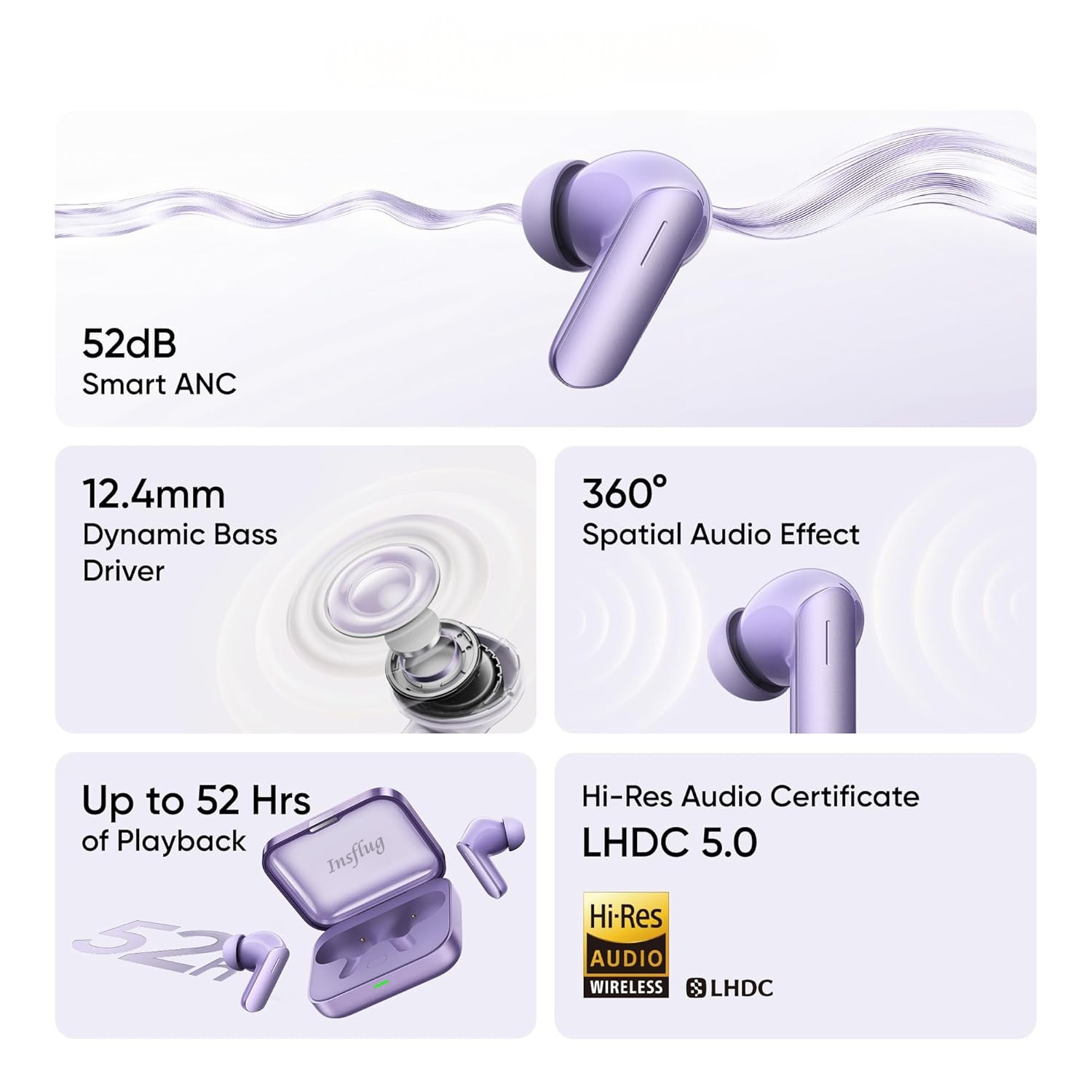 INSFLUG ANC Wireless Earbuds – 49dB Adaptive Noise Cancellation, LHDC Audio, 30H Playback