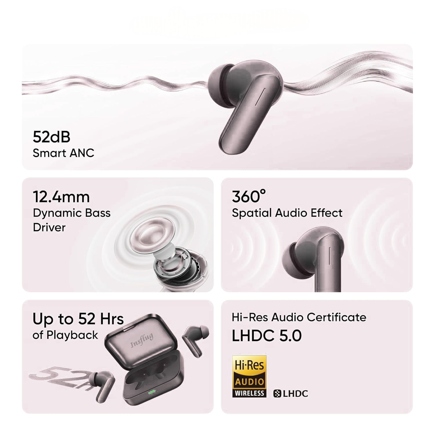 INSFLUG Wireless Earbuds with Adaptive ANC (49dB), LHDC Audio, 30H Playback, Premium Design