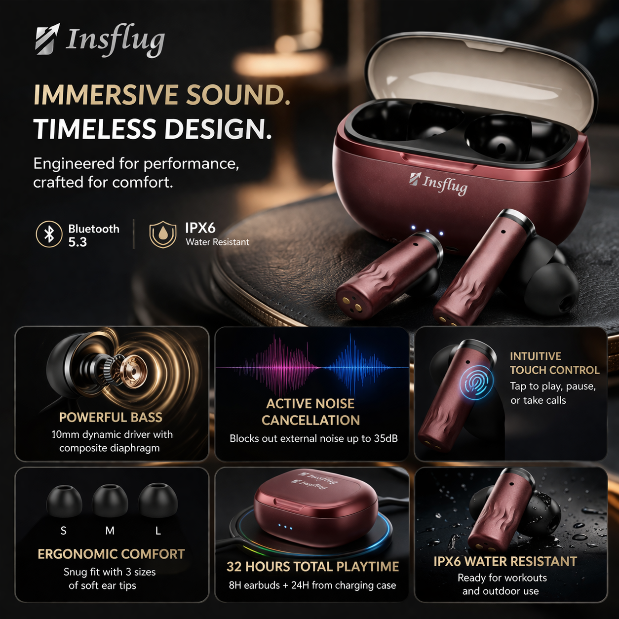 Insflug ZenitPro Wireless Bluetooth Earbuds with Deep Bass ENC Mic 32H Battery Touch Control