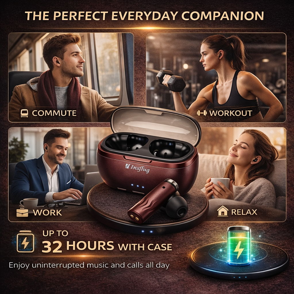 Insflug ZenitPro Wireless Bluetooth Earbuds with Deep Bass ENC Mic 32H Battery Touch Control