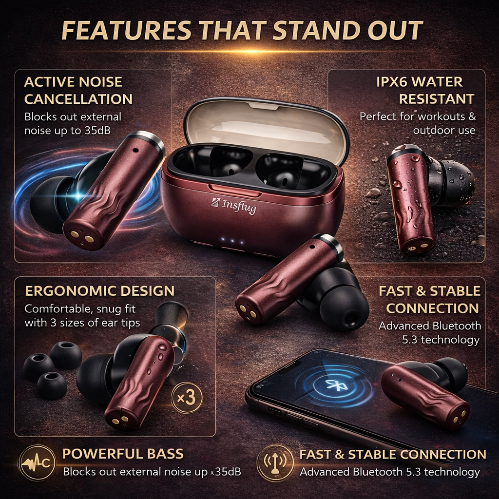 Insflug ZenitPro Wireless Bluetooth Earbuds with Deep Bass ENC Mic 32H Battery Touch Control