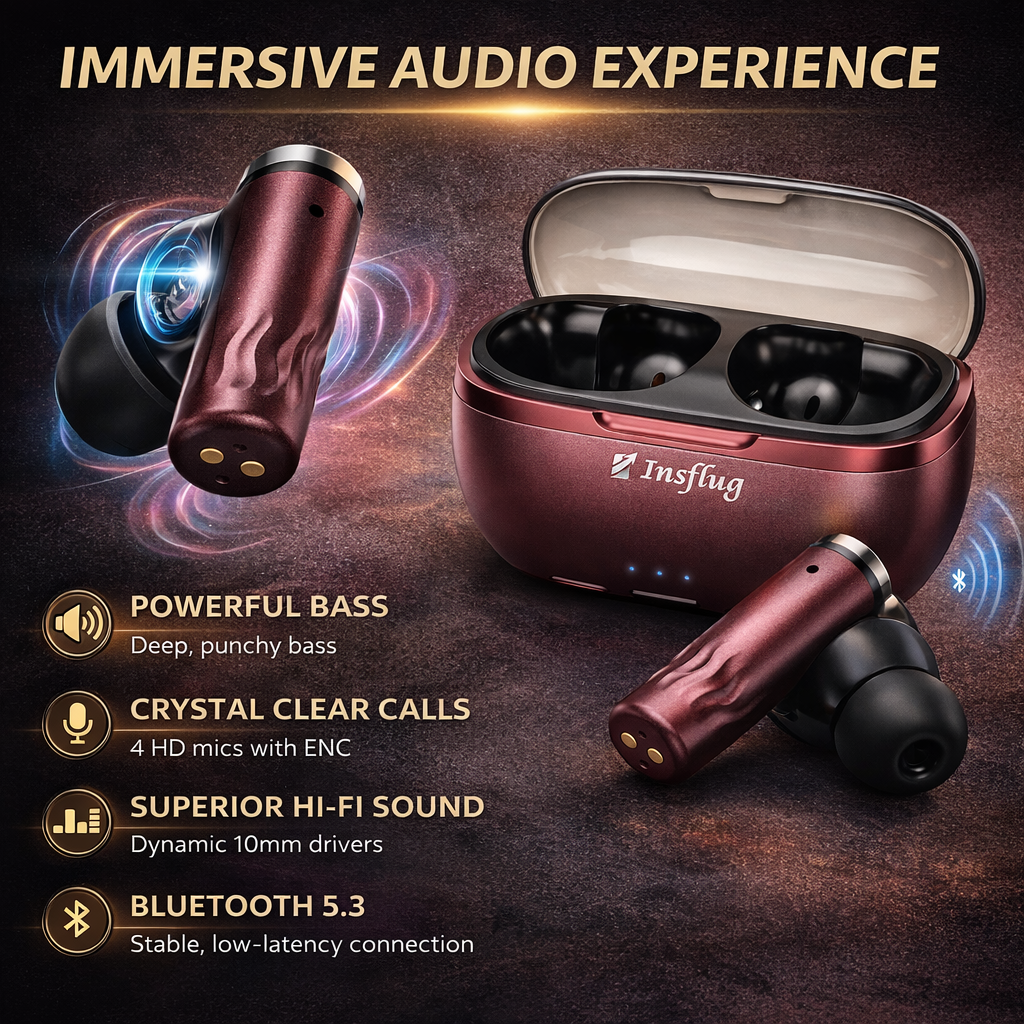 Insflug ZenitPro Wireless Bluetooth Earbuds with Deep Bass ENC Mic 32H Battery Touch Control