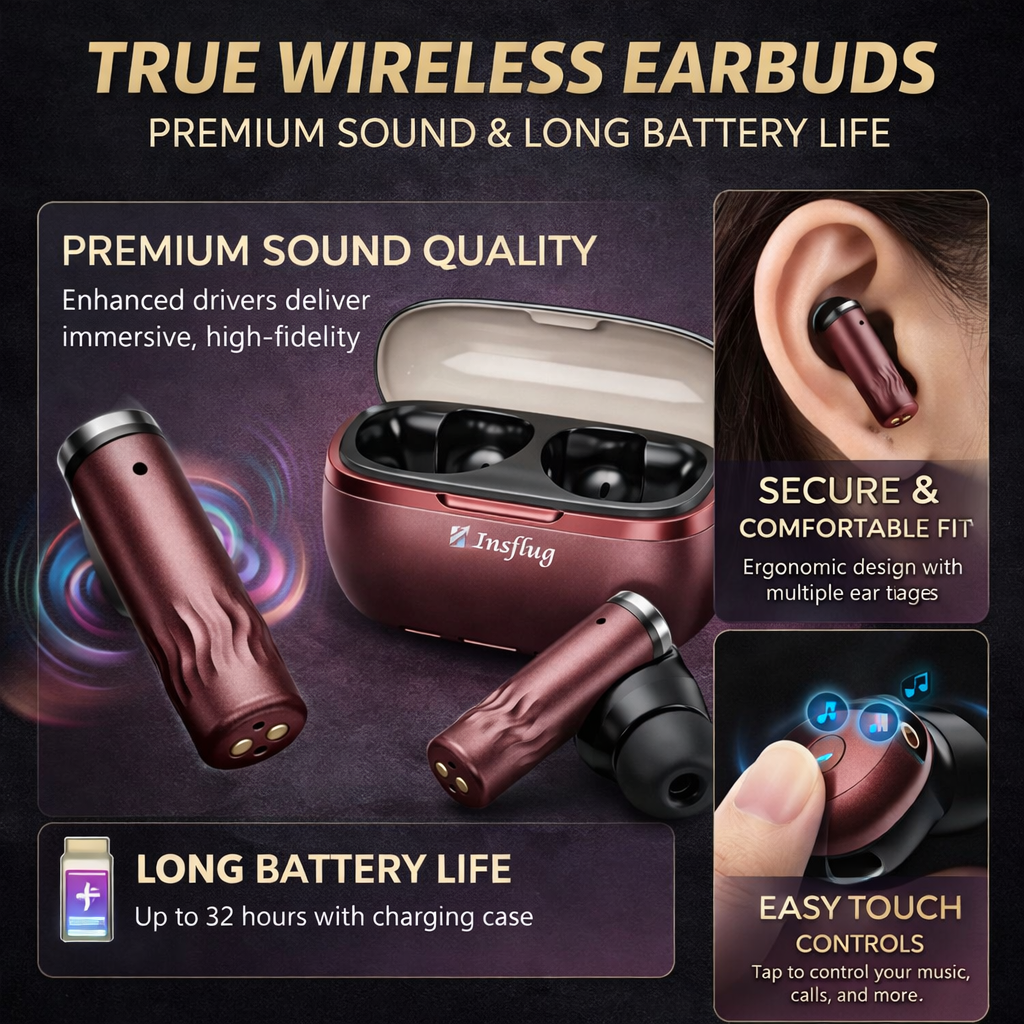 Insflug ZenitPro Wireless Bluetooth Earbuds with Deep Bass ENC Mic 32H Battery Touch Control