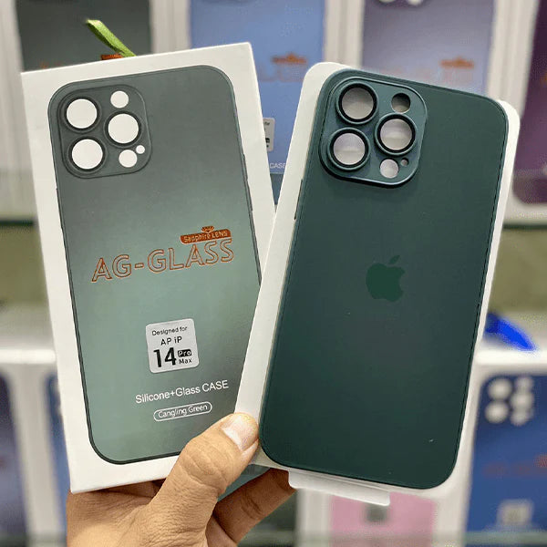 iPHONE 14 SERIES AG FROSTED GLASS PHONE CASE WITH CAMERA LENS PROTECTION
