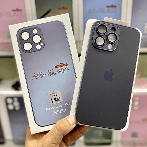 iPHONE 14 SERIES AG FROSTED GLASS PHONE CASE WITH CAMERA LENS PROTECTION